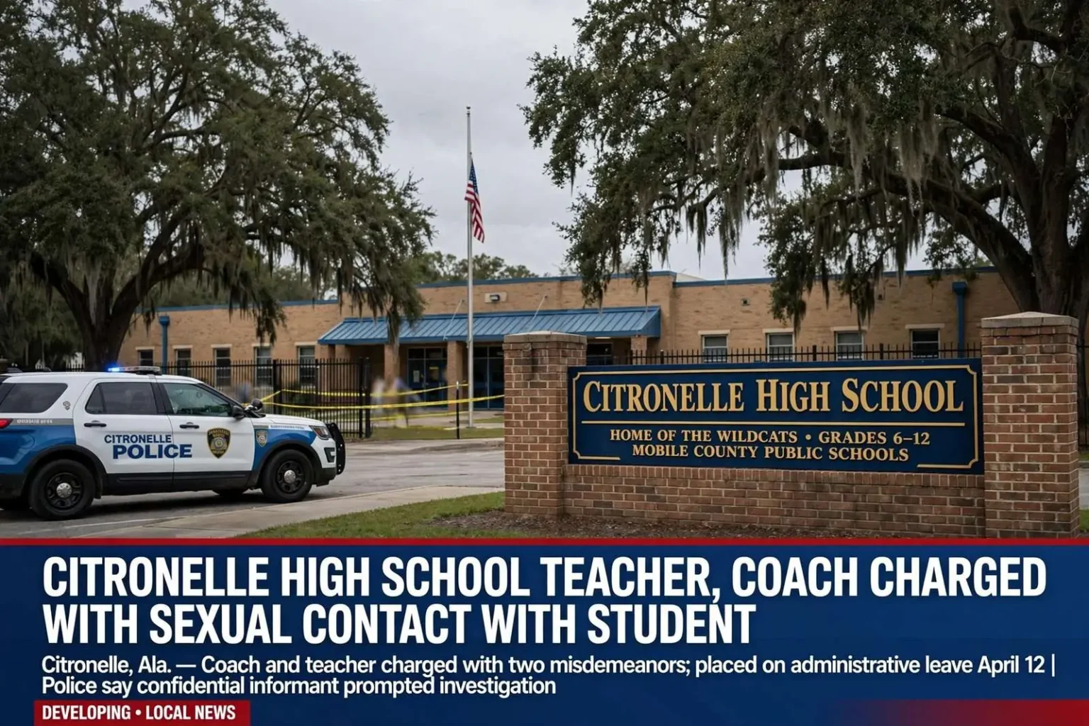 Illustration for the news story: Citronelle High School teacher, coach charged with sexual contact with student