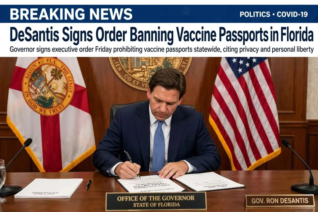 Illustration for the news story: DeSantis signs order banning vaccine passports in Florida