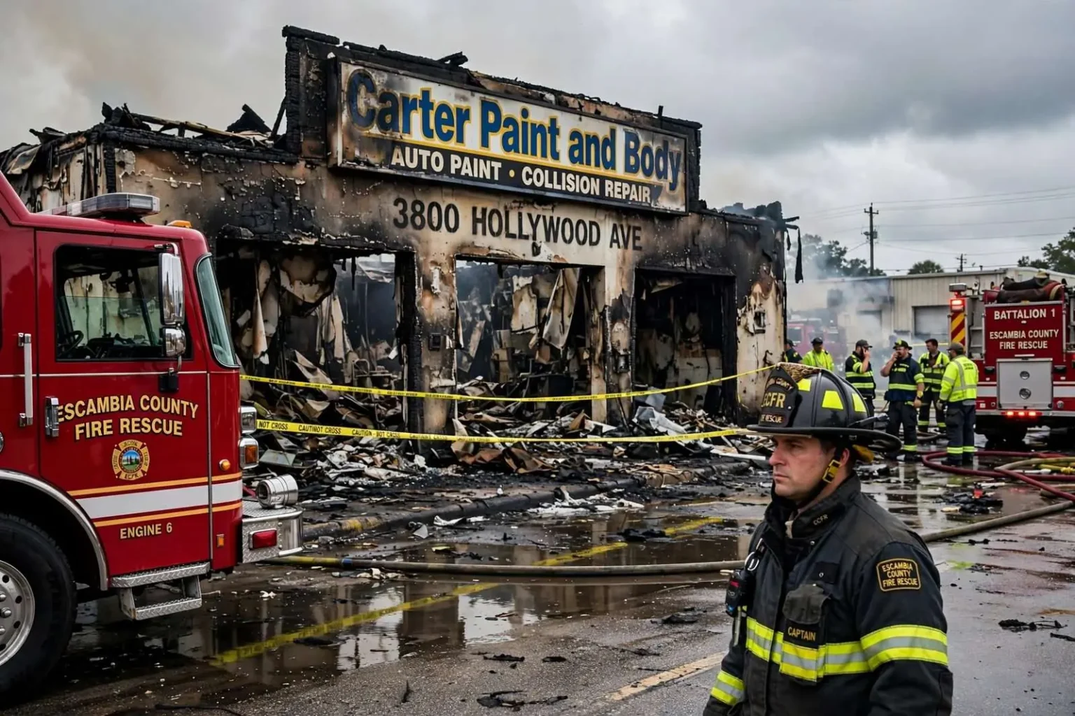 Illustration for the news story: Fire at Pensacola’s Carter Paint and Body declared a total loss