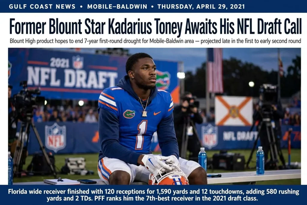 Illustration for the news story: Former Blount Star Kadarius Toney Awaits His NFL Draft Call