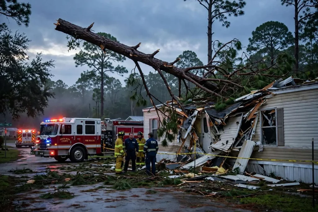 Illustration for the news story: Milton woman hospitalized after tree falls on mobile home during strong winds