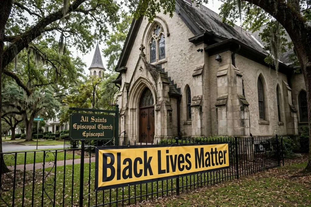 Illustration for the news story: Mobile Church Replaces Black Lives Matter Banner After It Is Stolen for a Second Time