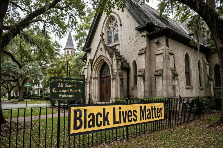 Illustration for the news story: Mobile Church Replaces Black Lives Matter Banner After It Is Stolen for a Second Time