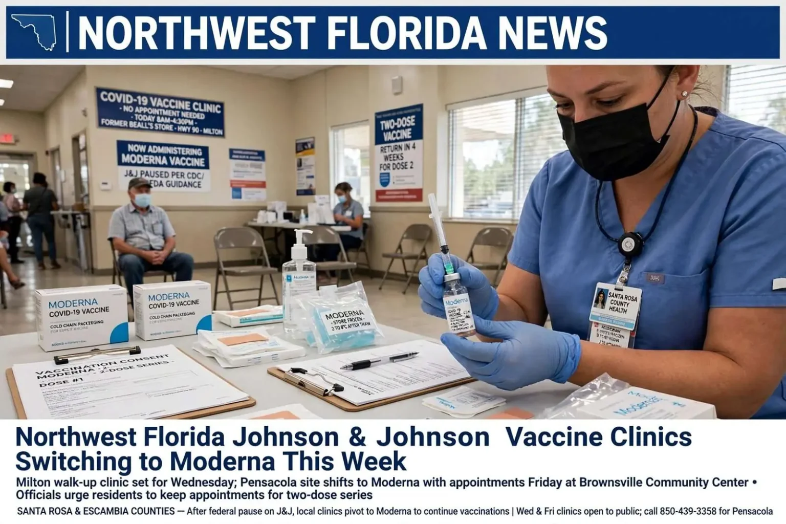 Illustration for the news story: Northwest Florida Johnson & Johnson vaccine clinics switching to Moderna this week