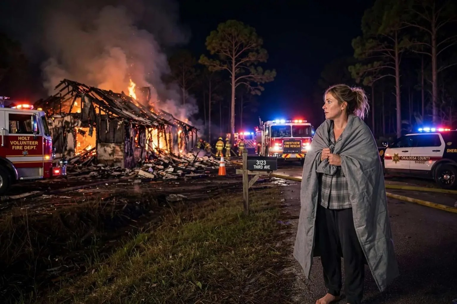 Illustration for the news story: Okaloosa County woman escapes Holt home before it burns to the ground