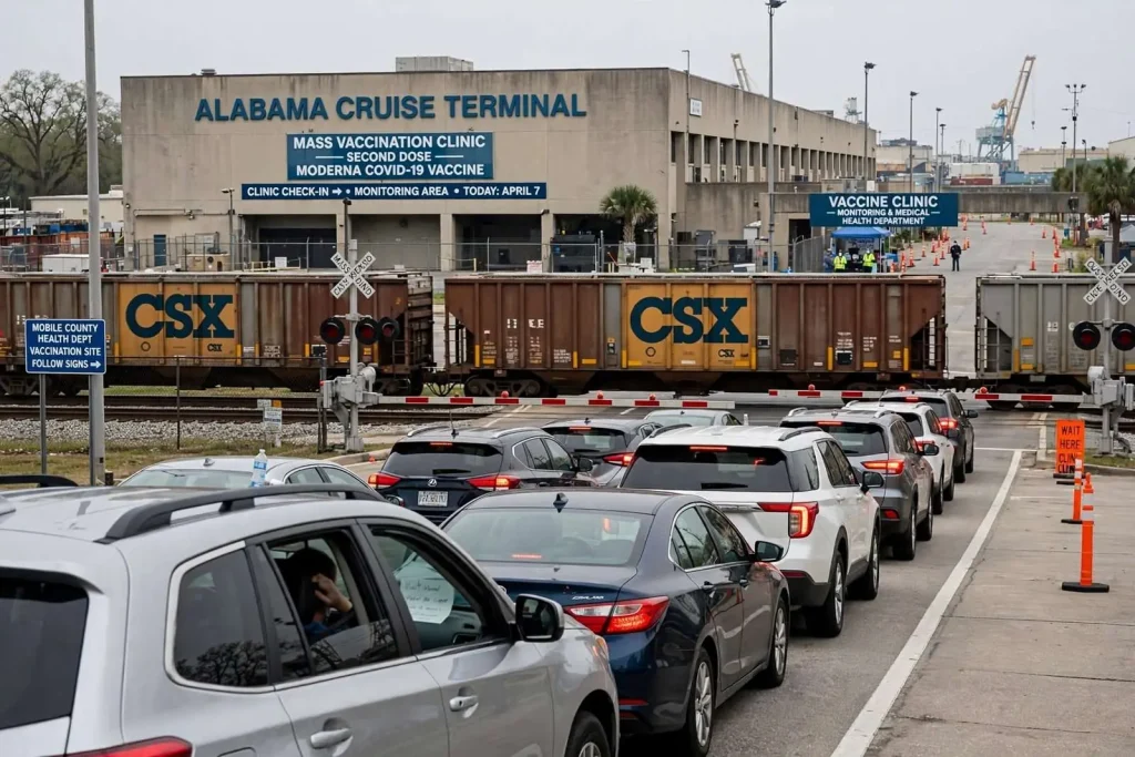 Illustration for the news story: Parked CSX Train Snarls Second-Dose Vaccinations at Mobile’s Alabama Cruise Terminal