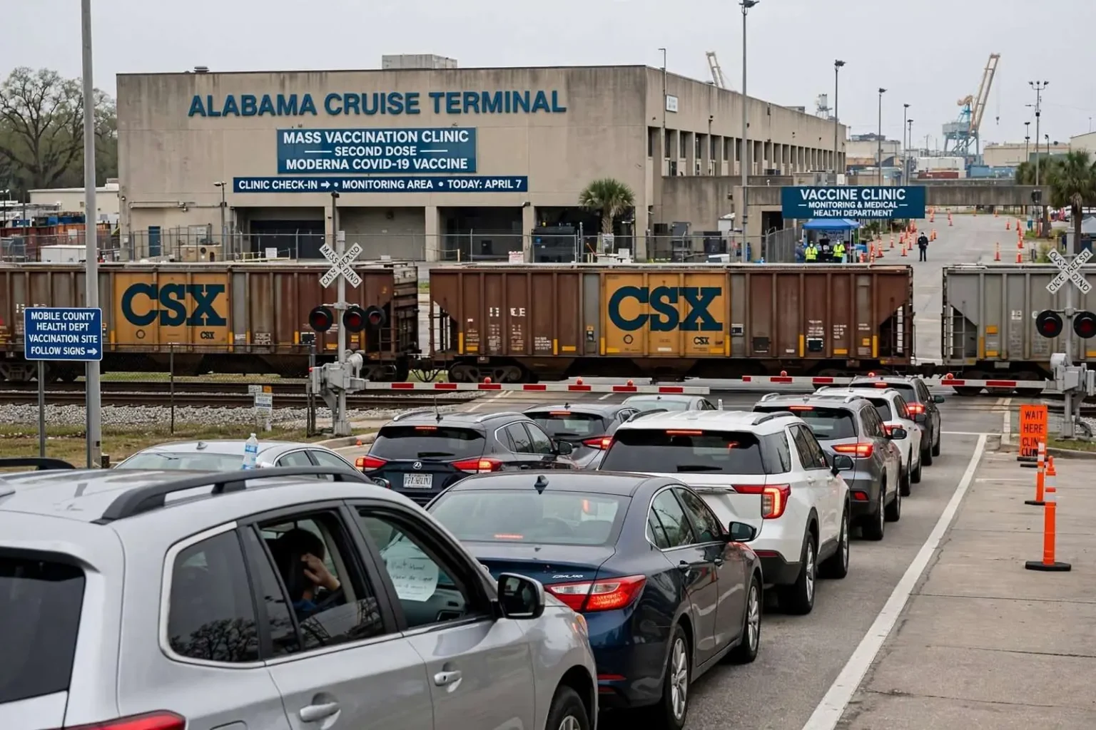 Illustration for the news story: Parked CSX Train Snarls Second-Dose Vaccinations at Mobile’s Alabama Cruise Terminal