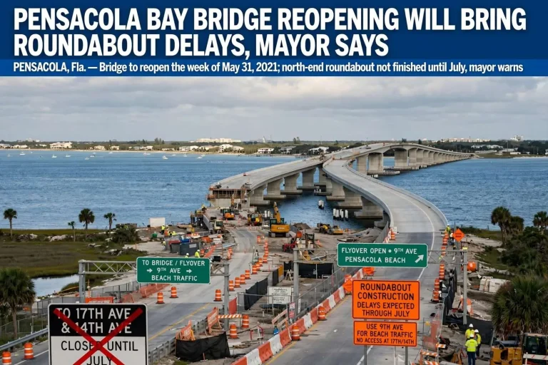 Illustration for the news story: Pensacola Bay Bridge reopening will bring roundabout delays, mayor says