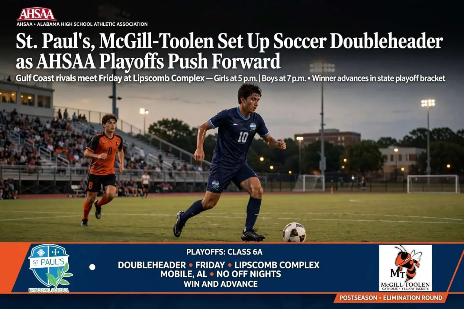 Illustration for the news story: St. Paul’s, McGill-Toolen Set Up Soccer Doubleheader as AHSAA Playoffs Push Forward