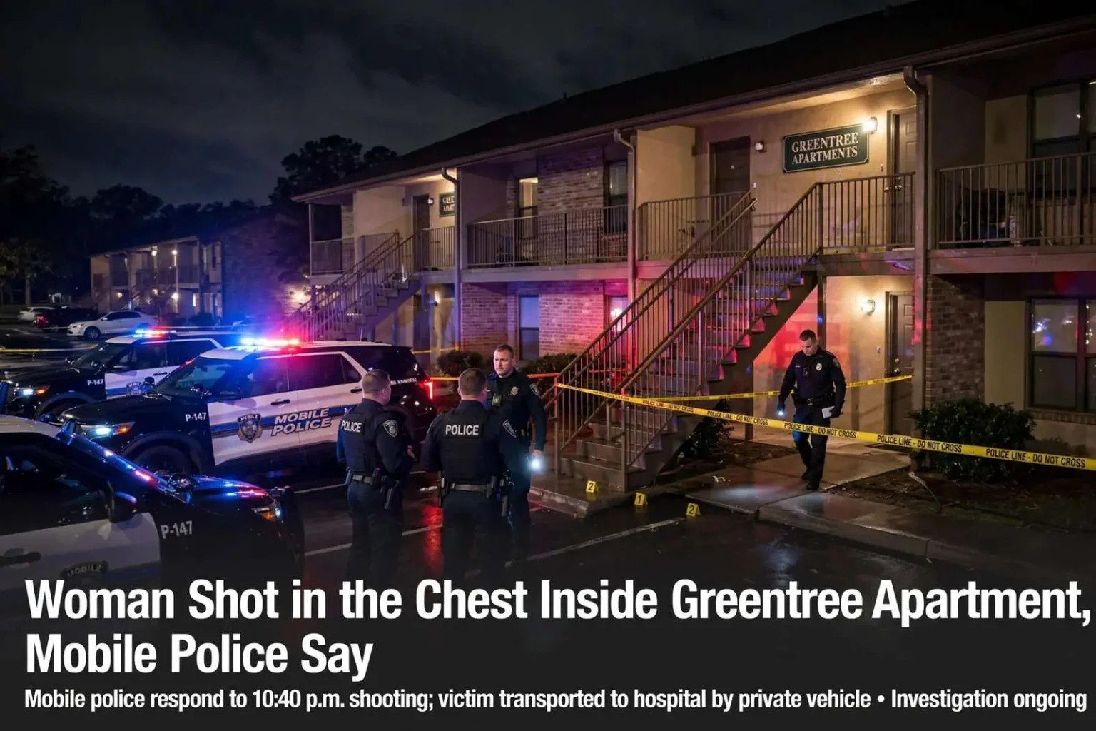 Illustration for the news story: Woman Shot in the Chest Inside Greentree Apartment, Mobile Police Say
