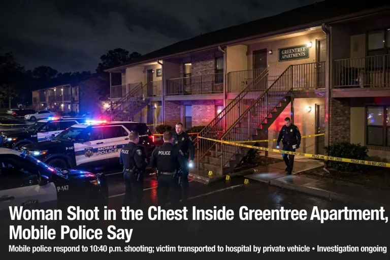 Illustration for the news story: Woman Shot in the Chest Inside Greentree Apartment, Mobile Police Say