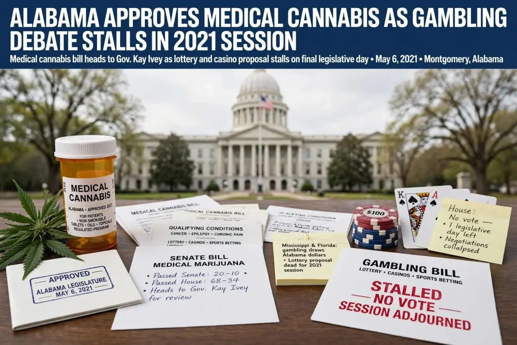 Illustration for the news story: Alabama approves medical cannabis as gambling debate stalls in 2021 session
