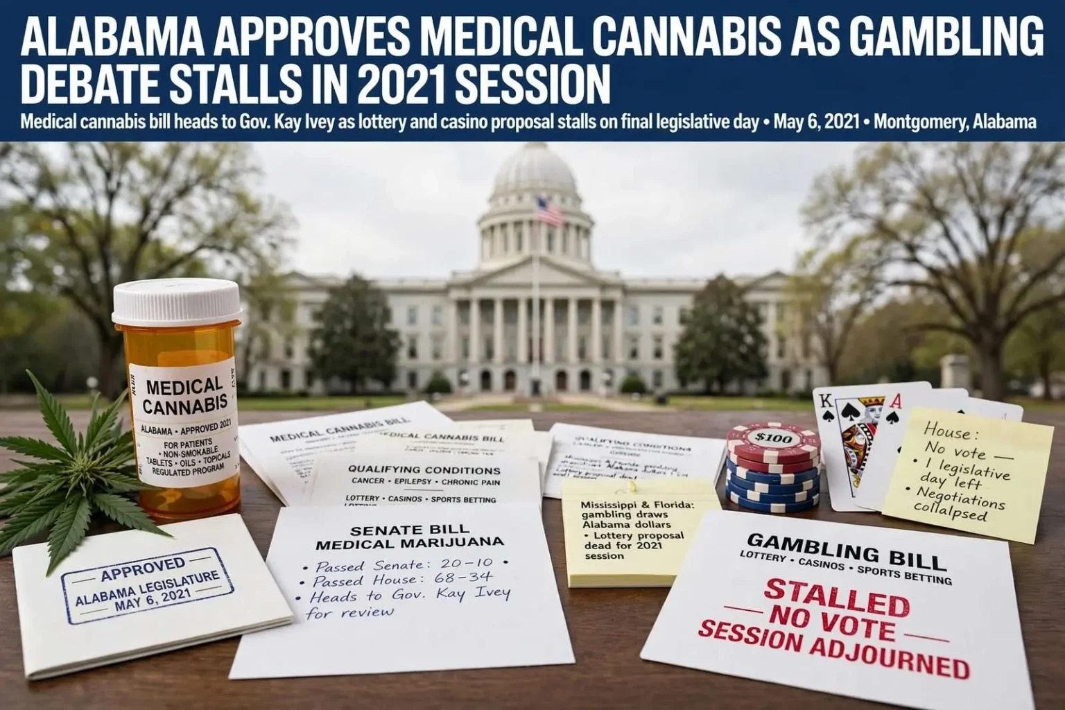 Illustration for the news story: Alabama approves medical cannabis as gambling debate stalls in 2021 session