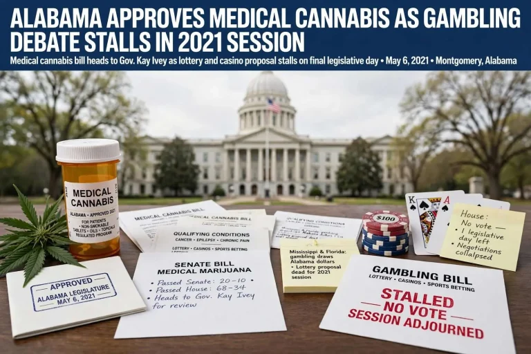 Illustration for the news story: Alabama approves medical cannabis as gambling debate stalls in 2021 session
