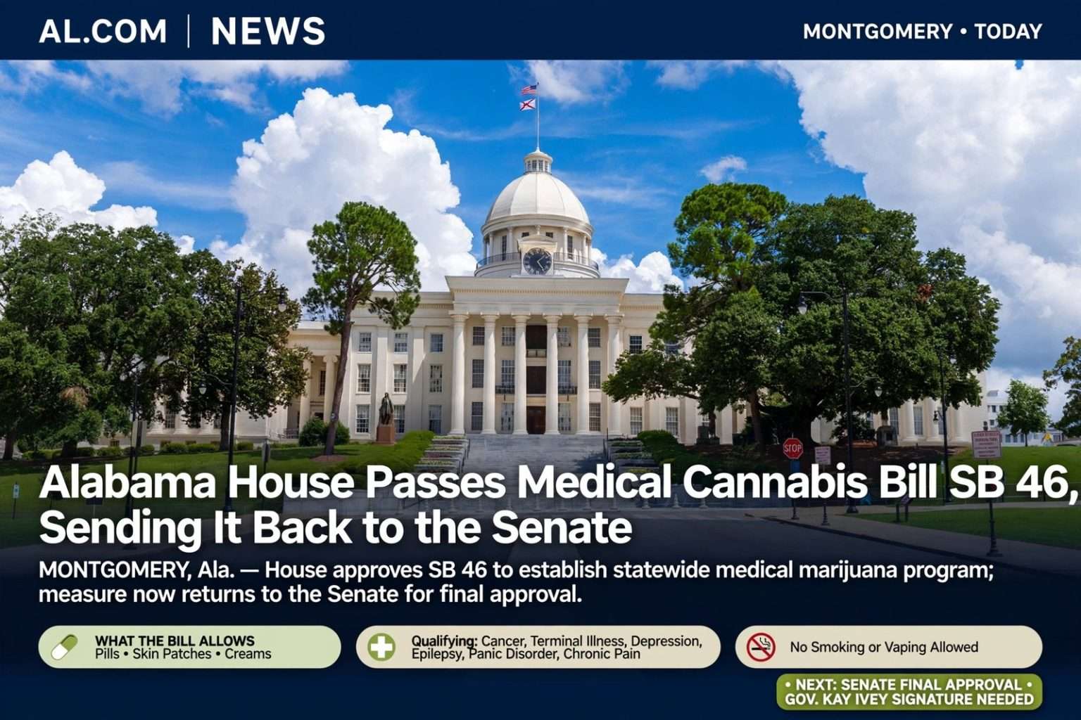 Illustration for the news story: Alabama House Passes Medical Cannabis Bill SB 46, Sending It Back to the Senate
