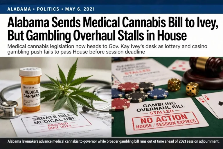 Illustration for the news story: Alabama Sends Medical Cannabis Bill to Ivey, But Gambling Overhaul Stalls in House