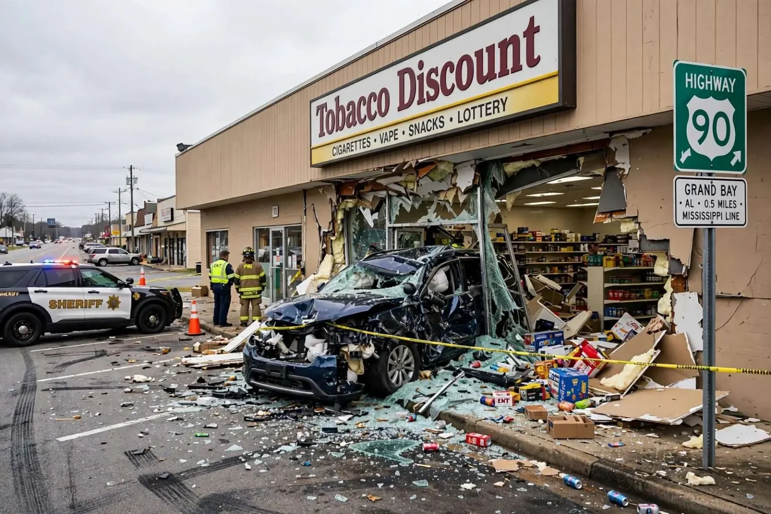 Illustration for the news story: Car Plows Through Front of Grand Bay Store, Injuring at Least One Person