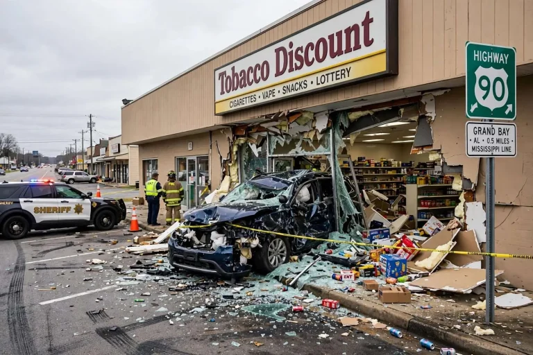 Illustration for the news story: Car Plows Through Front of Grand Bay Store, Injuring at Least One Person