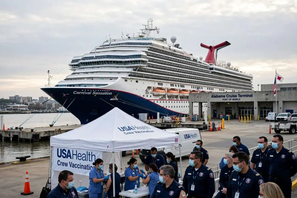 Illustration for the news story: Carnival Sensation Docks in Mobile for the First Time as Crew Vaccinations Begin