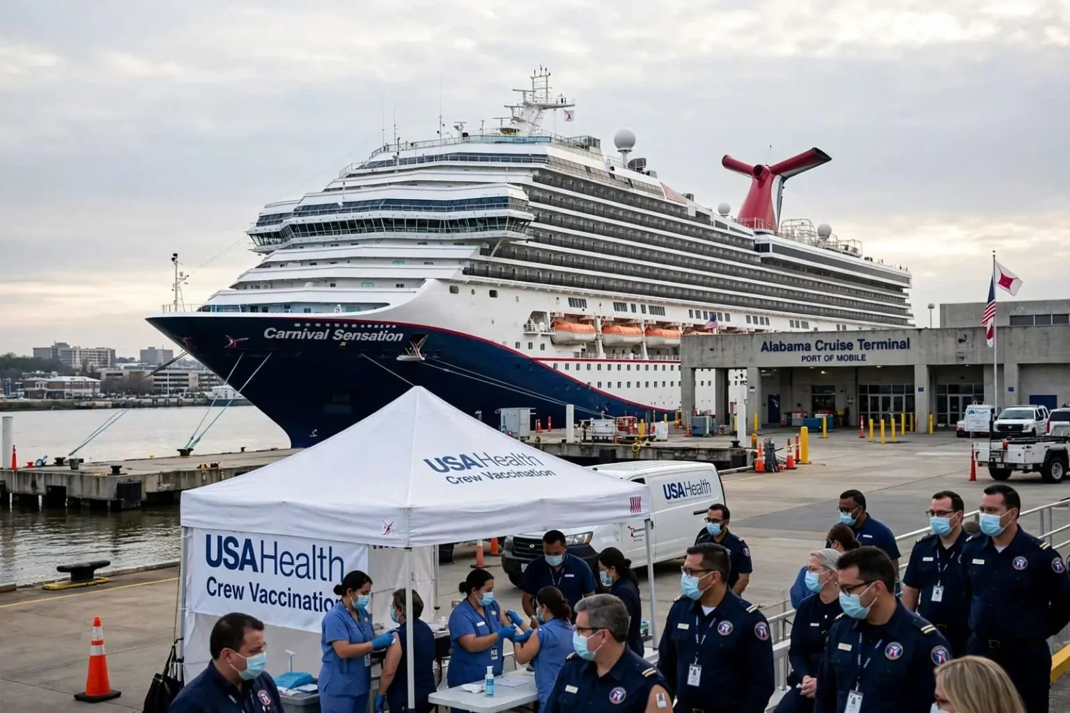 Illustration for the news story: Carnival Sensation Docks in Mobile for the First Time as Crew Vaccinations Begin