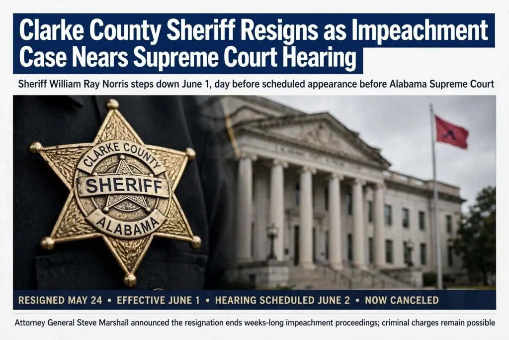Illustration for the news story: Clarke County Sheriff Resigns as Impeachment Case Nears Supreme Court Hearing