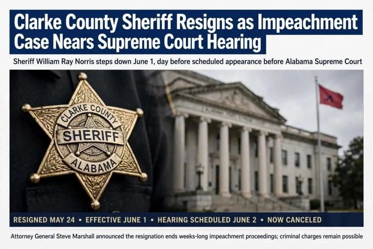 Illustration for the news story: Clarke County Sheriff Resigns as Impeachment Case Nears Supreme Court Hearing