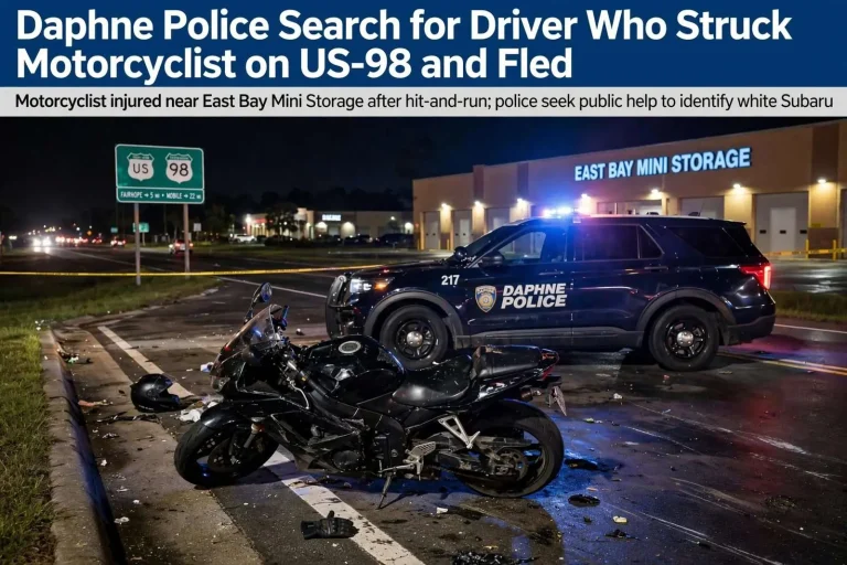 Illustration for the news story: Daphne Police Search for Driver Who Struck Motorcyclist on US-98 and Fled