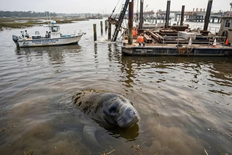 Illustration for the news story: Dauphin Island Sea Lab study examines how in-water construction affects manatees