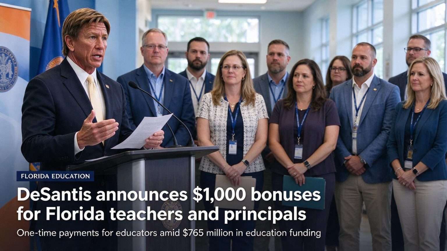 Illustration for the news story: DeSantis announces $1,000 bonuses for Florida teachers and principals