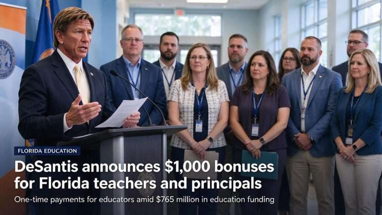 Illustration for the news story: DeSantis announces $1,000 bonuses for Florida teachers and principals
