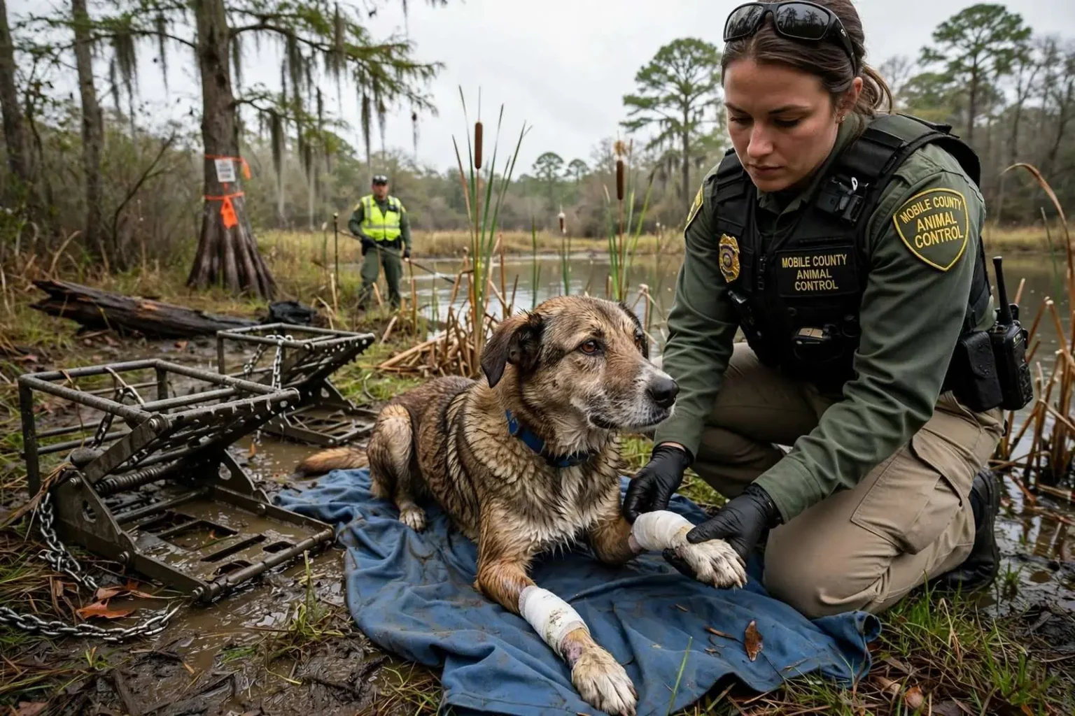 Illustration for the news story: Dog rescued from beaver traps in Mobile County