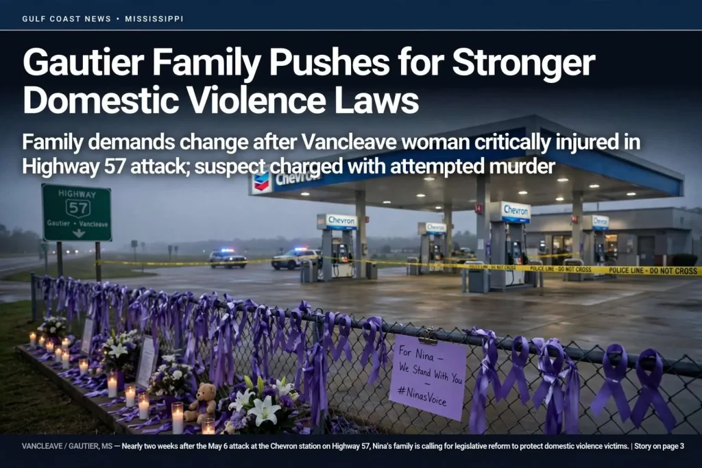 Illustration for the news story: Gautier Family Pushes for Stronger Domestic Violence Laws After Vancleave Woman Left Fighting for Her Life