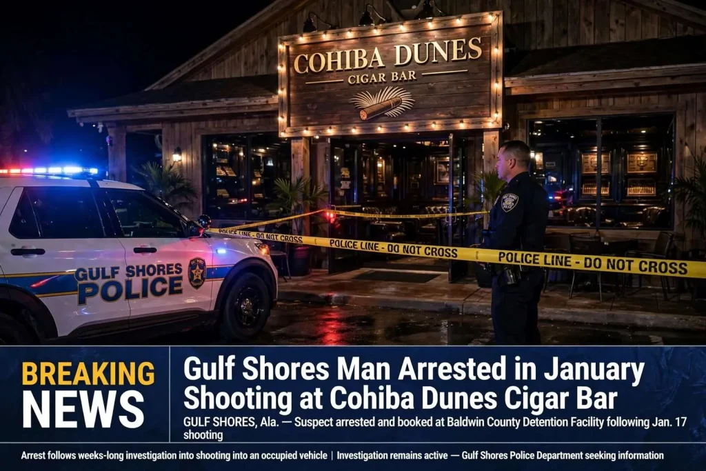 Illustration for the news story: Gulf Shores man arrested in January shooting at Cohiba Dunes Cigar Bar
