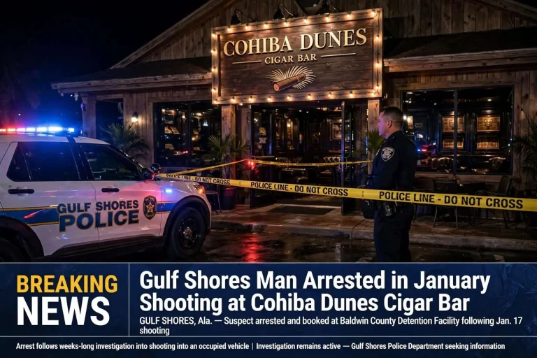 Illustration for the news story: Gulf Shores man arrested in January shooting at Cohiba Dunes Cigar Bar