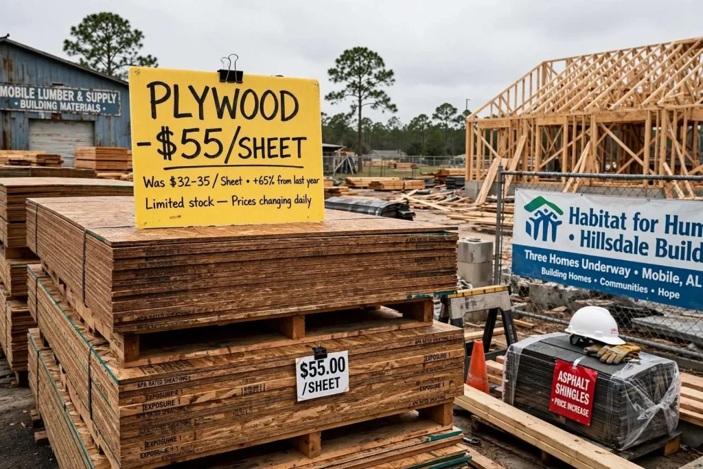 Illustration for the news story: Lumber prices spike across Mobile, squeezing builders and homeowners