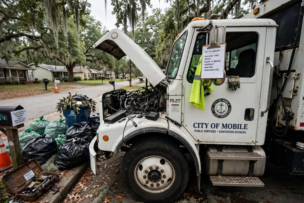 Illustration for the news story: Microchip Shortage Leaves Mobile’s Curbside Trash Pickup Running Behind