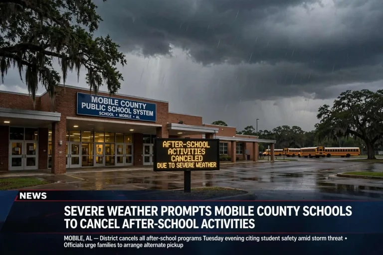 Illustration for the news story: Severe weather prompts Mobile County schools to cancel after-school activities