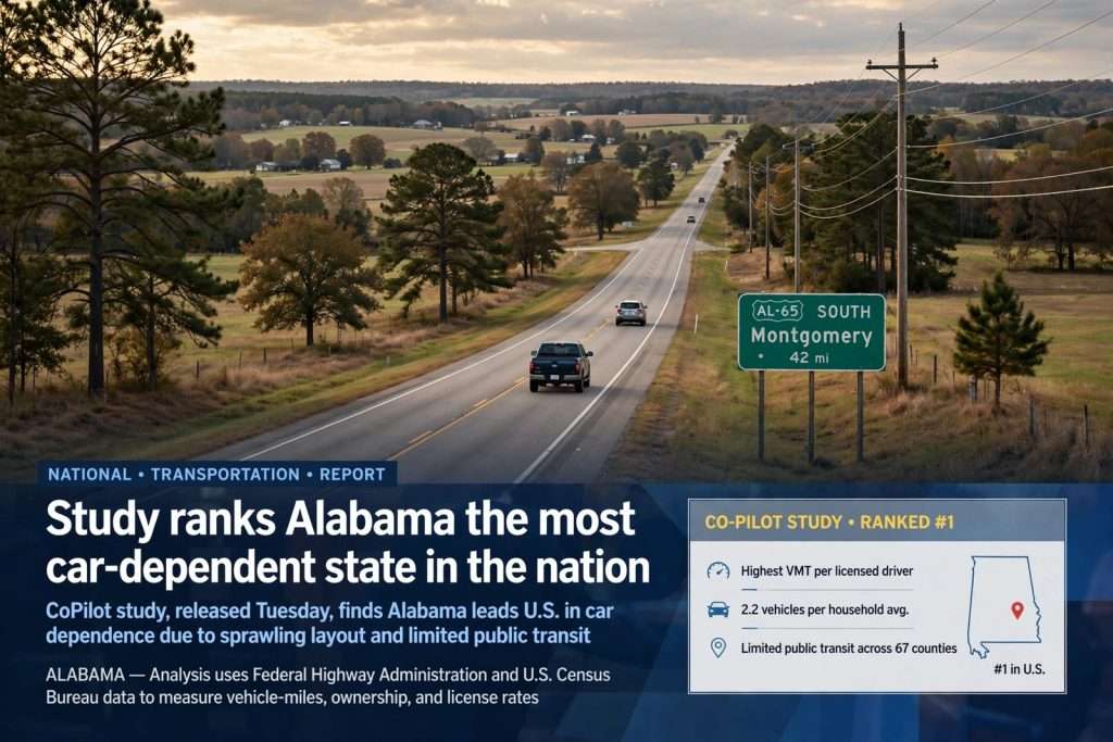 Illustration for the news story: Study ranks Alabama the most car-dependent state in the nation