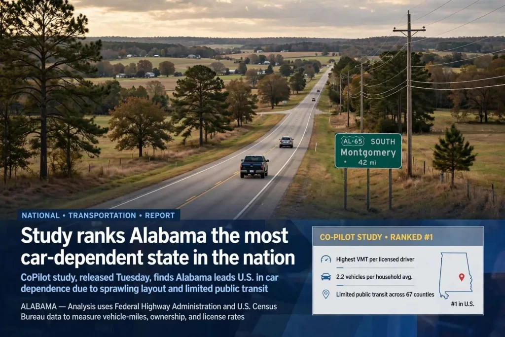 Illustration for the news story: Study ranks Alabama the most car-dependent state in the nation