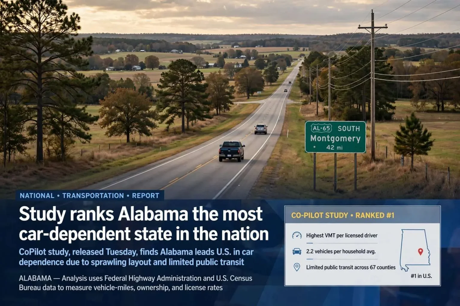 Illustration for the news story: Study ranks Alabama the most car-dependent state in the nation