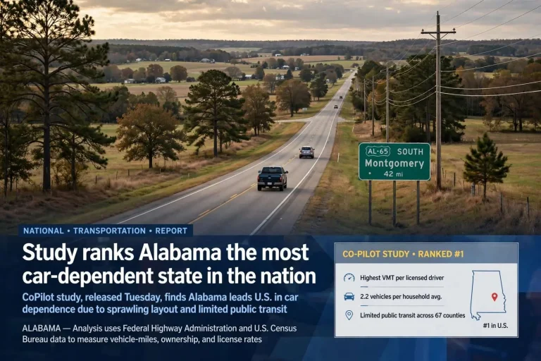 Illustration for the news story: Study ranks Alabama the most car-dependent state in the nation