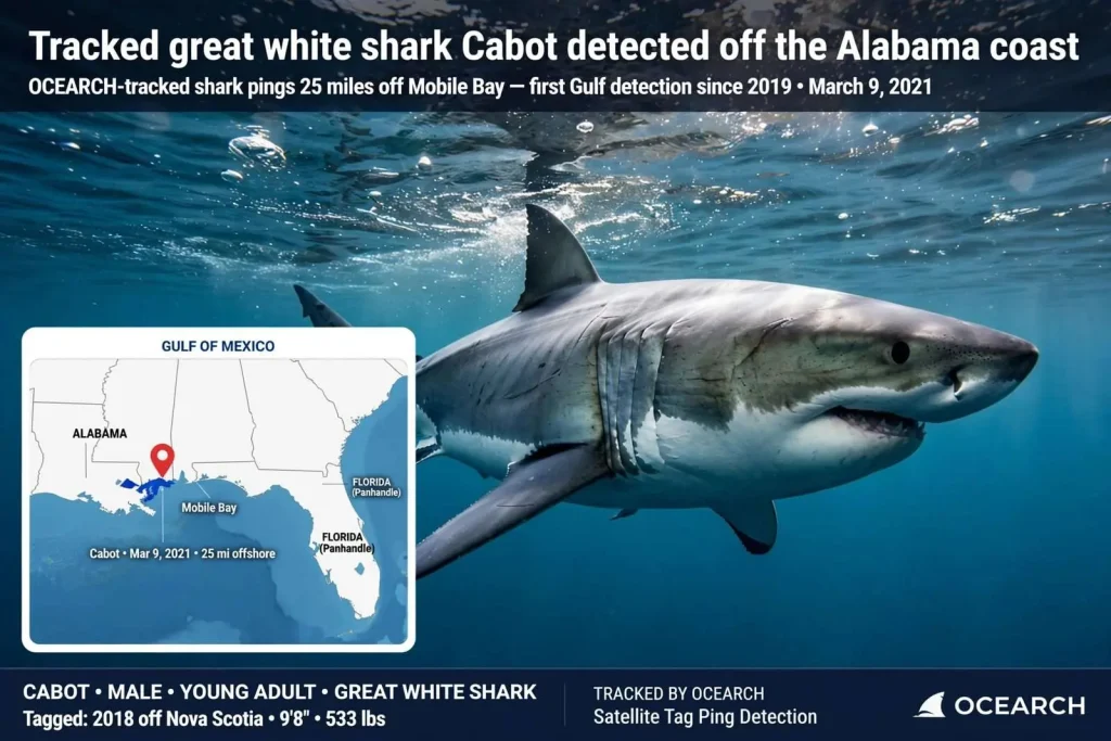 Illustration for the news story: Tracked great white shark Cabot detected off the Alabama coast