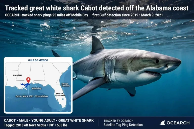 Illustration for the news story: Tracked great white shark Cabot detected off the Alabama coast