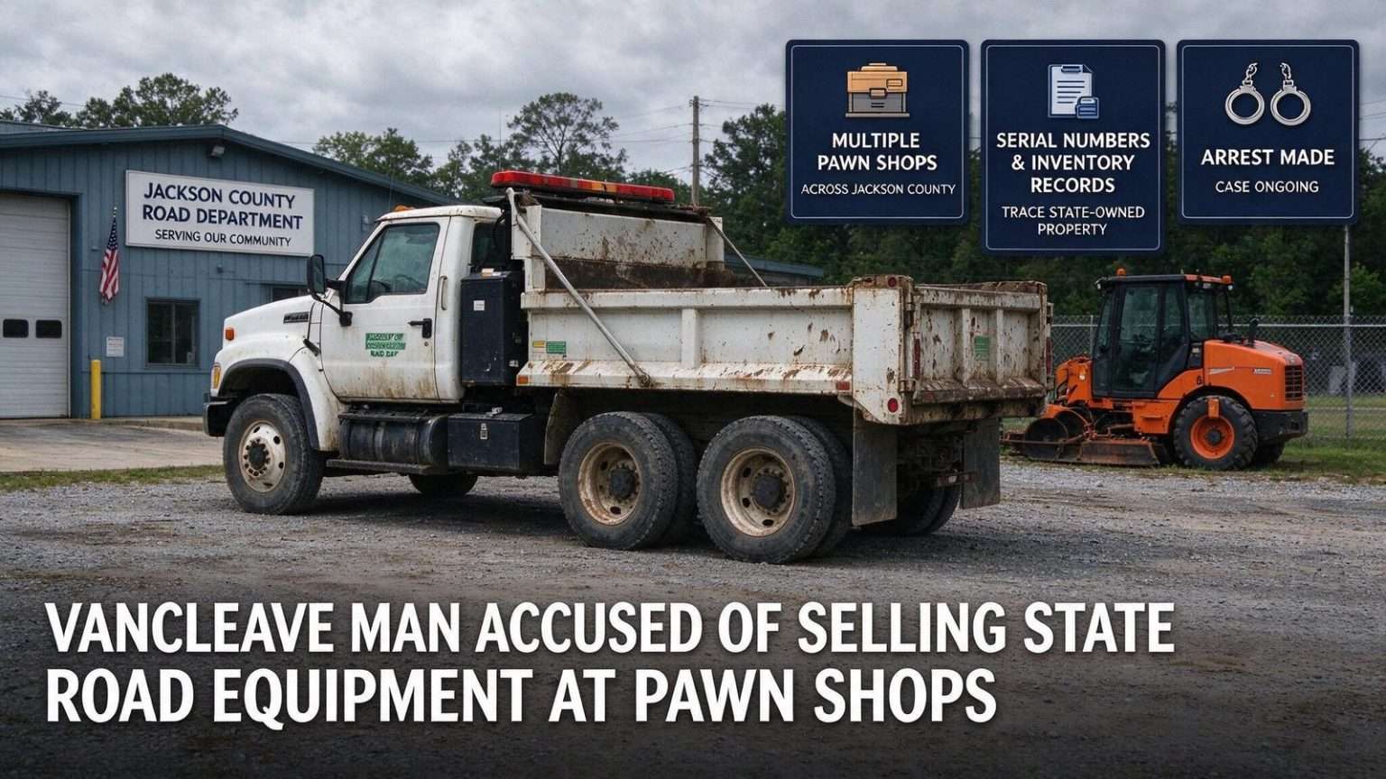 Illustration for the news story: Vancleave Man Accused of Selling State Road Equipment at Pawn Shops