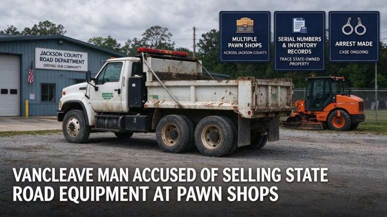 Illustration for the news story: Vancleave Man Accused of Selling State Road Equipment at Pawn Shops