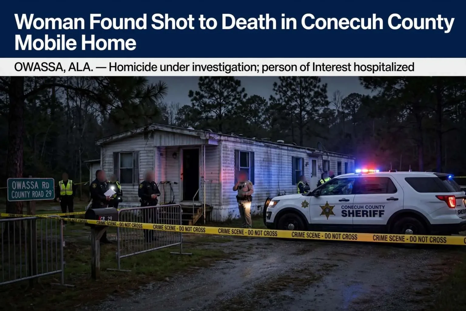 Illustration for the news story: Woman found shot to death in Conecuh County mobile home