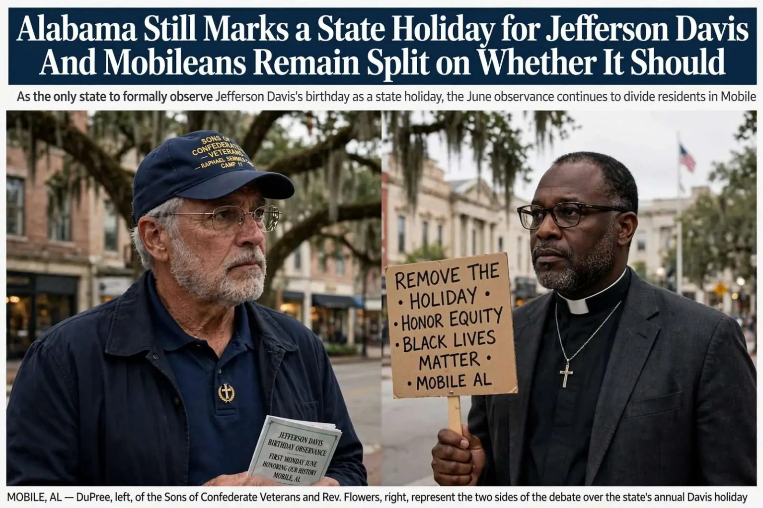 Illustration for the news story: Alabama Still Marks a State Holiday for Jefferson Davis — And Mobileans Remain Split on Whether It Should