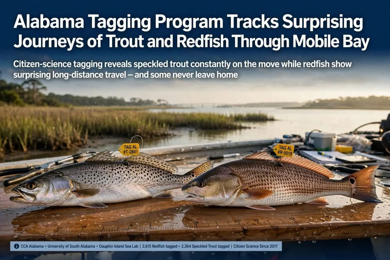 Illustration for the news story: Alabama Tagging Program Tracks Surprising Journeys of Trout and Redfish Through Mobile Bay