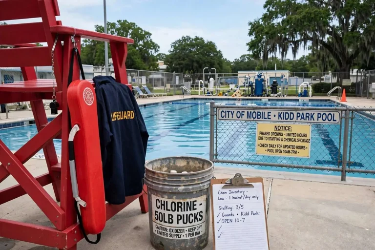 Illustration for the news story: Chlorine Costs Soar and Lifeguards Run Short as Mobile-Area Pools Open for Summer