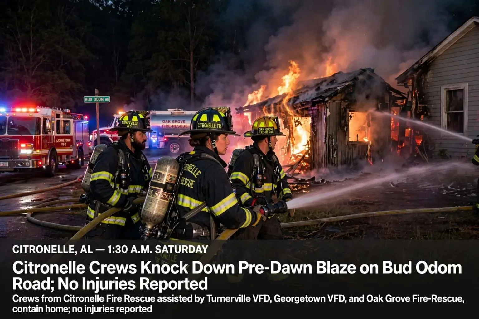 Illustration for the news story: Citronelle Crews Knock Down Pre-Dawn Blaze on Bud Odom Road; No Injuries Reported